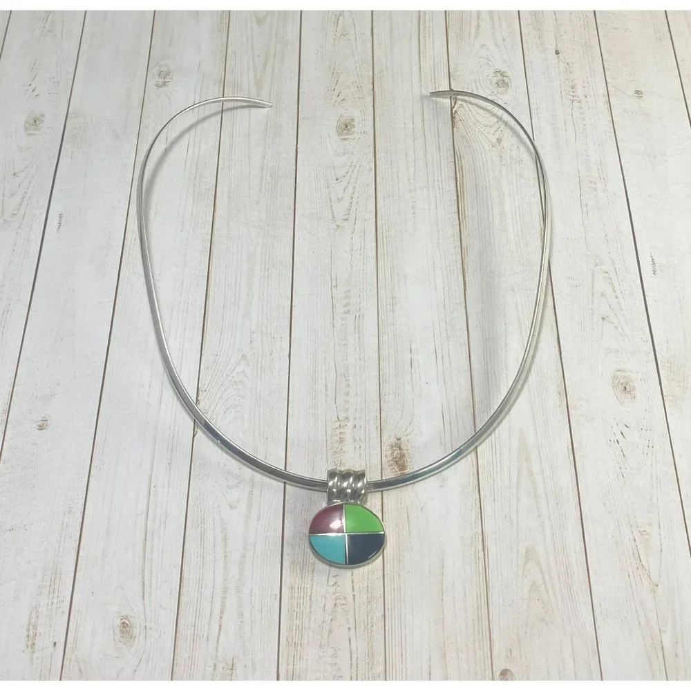 Vintage 925 Choker Necklace Multi Gemstone Pendant Modernist 15 inches - Picture 2 of 7